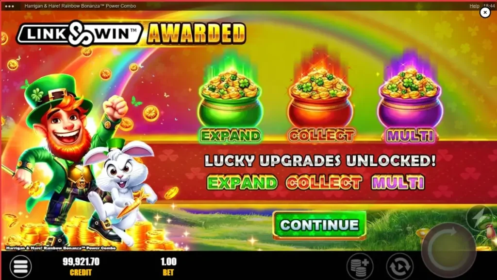 Tampilan visual slot Harrigan & Hare Rainbow Bonanza Power Combo dengan latar belakang perbukitan Irlandia.