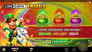 Tampilan visual slot Harrigan & Hare Rainbow Bonanza Power Combo dengan latar belakang perbukitan Irlandia.